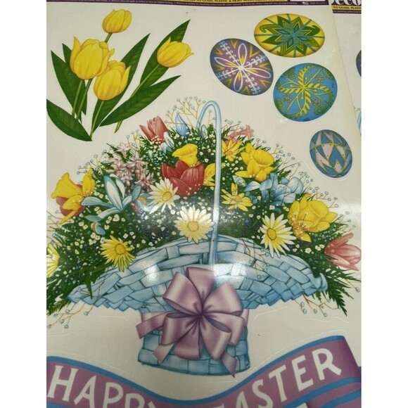 Vintage Lot of 4 Easter Egg Flower Basket Window Clings Vinyl Decoration - Picture 4 of 12
